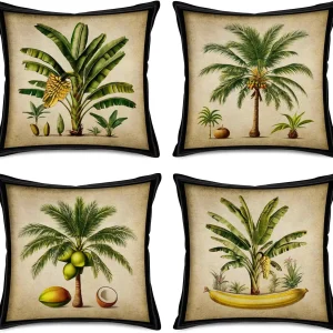 Summer Tropical Botanical Linen Throw Pillow Covers
